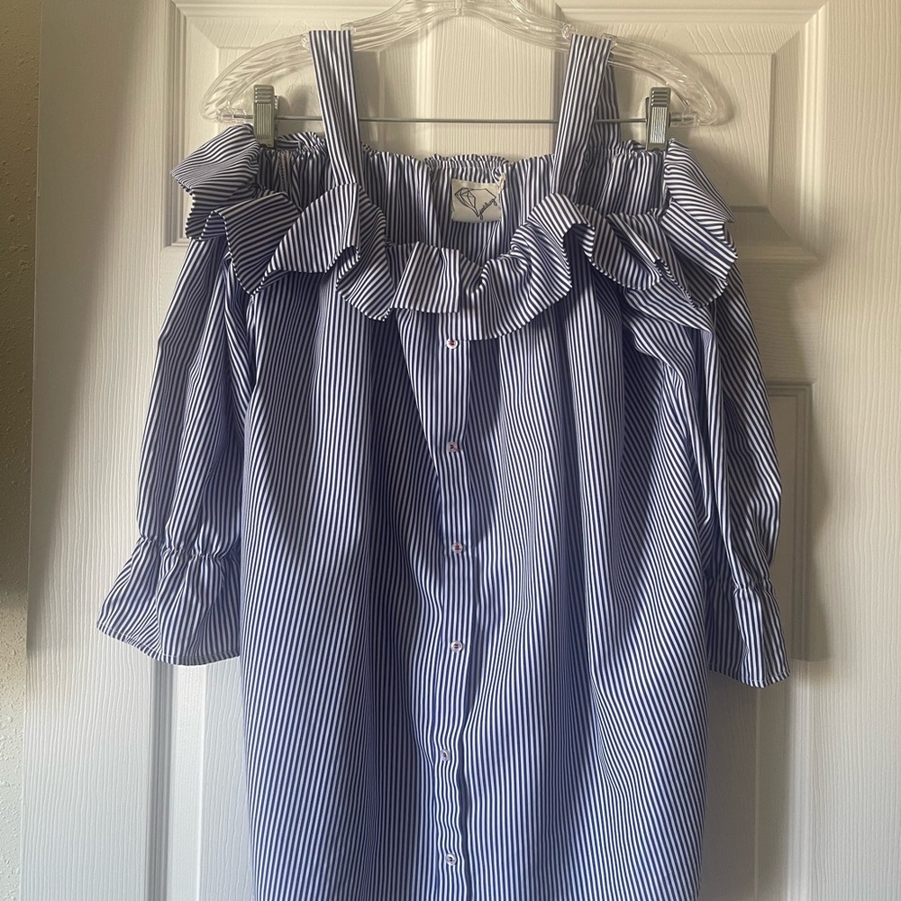 Janet Chung Ruffled Off-Shoulder Striped Blouse - Navy & White